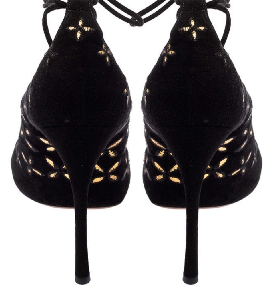 ALAIA |New in Box Black Suede w/Metallic Gold Floral Trim Open Toe Pumps S… - Picture 8 of 16